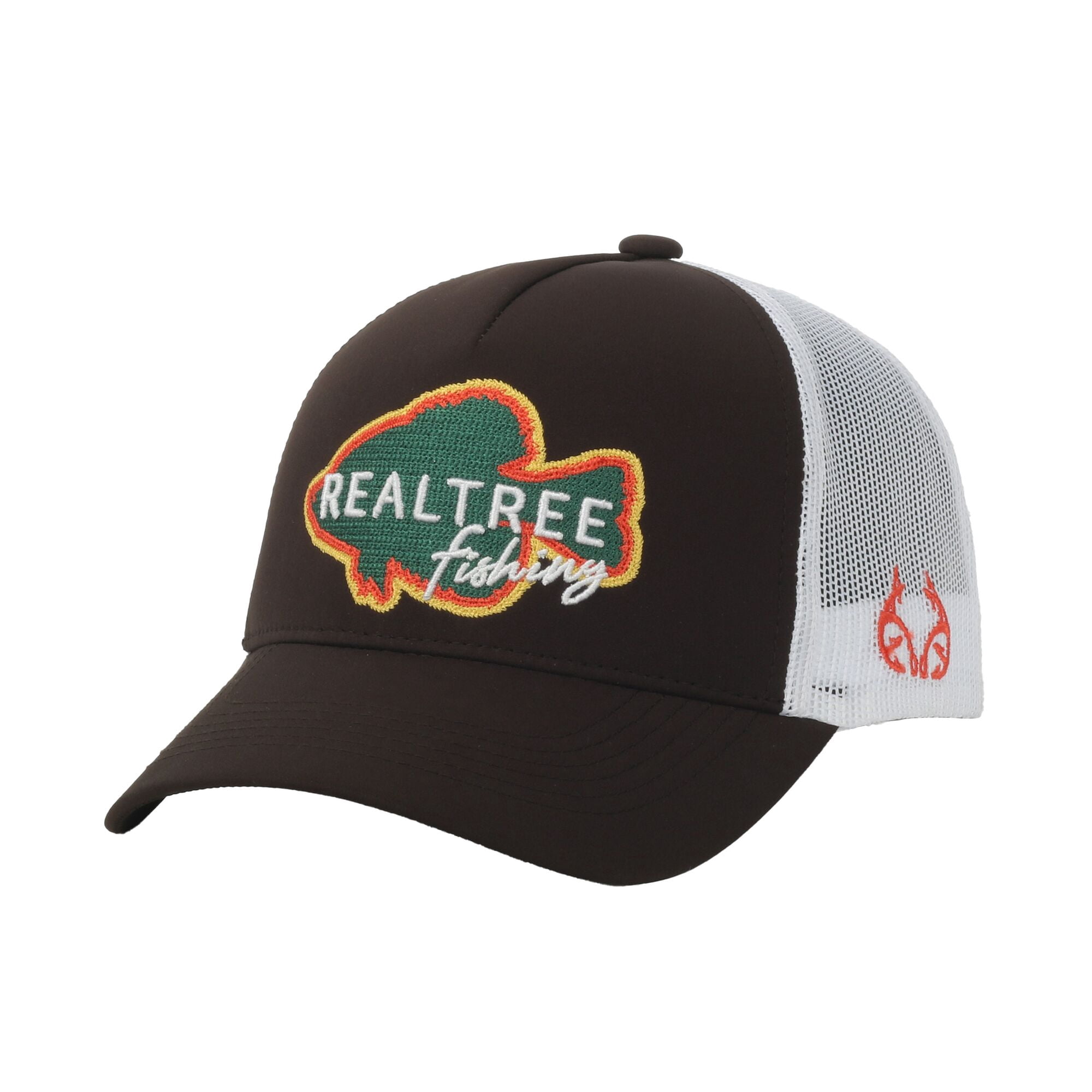 Realtree® Fishing Brown/White 5-Panel Cap – Structured Mesh Back, Antler Logo, One Size
