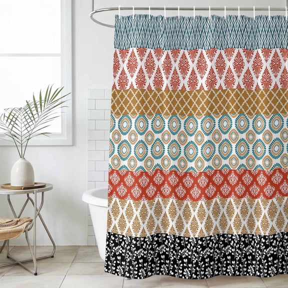 Boho Waterproof Fabric Shower Curtain,Colorful Striped Ethnic Modern Geometric Abstract Art Waterproof Fabric Shower Curtain for Bathroom Bathtubs Shower Curtains with 12 Hooks Standard 72x72
