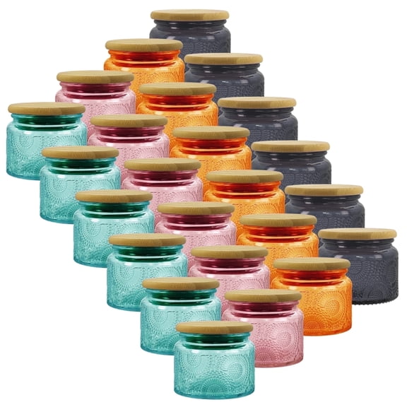 LINGSHINE 4 oz Embossed Glass Food Storage Jars with Reusable Bamboo Lids, 24 Pack 4 Colors, Home Décor Candle Making Parties Wedding Favors Gift