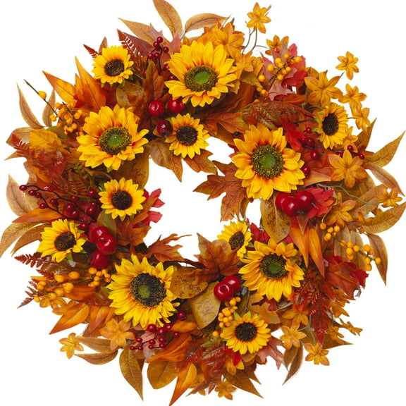 24 Inch Fall Wreaths for Front Door– Autumn Harvest Wreath with Sunflower, Berries and Maple Leaves, Weatherproof Seasonal Decor for Thanksgiving, Halloween, Farmhouse Indoor Outdoor
