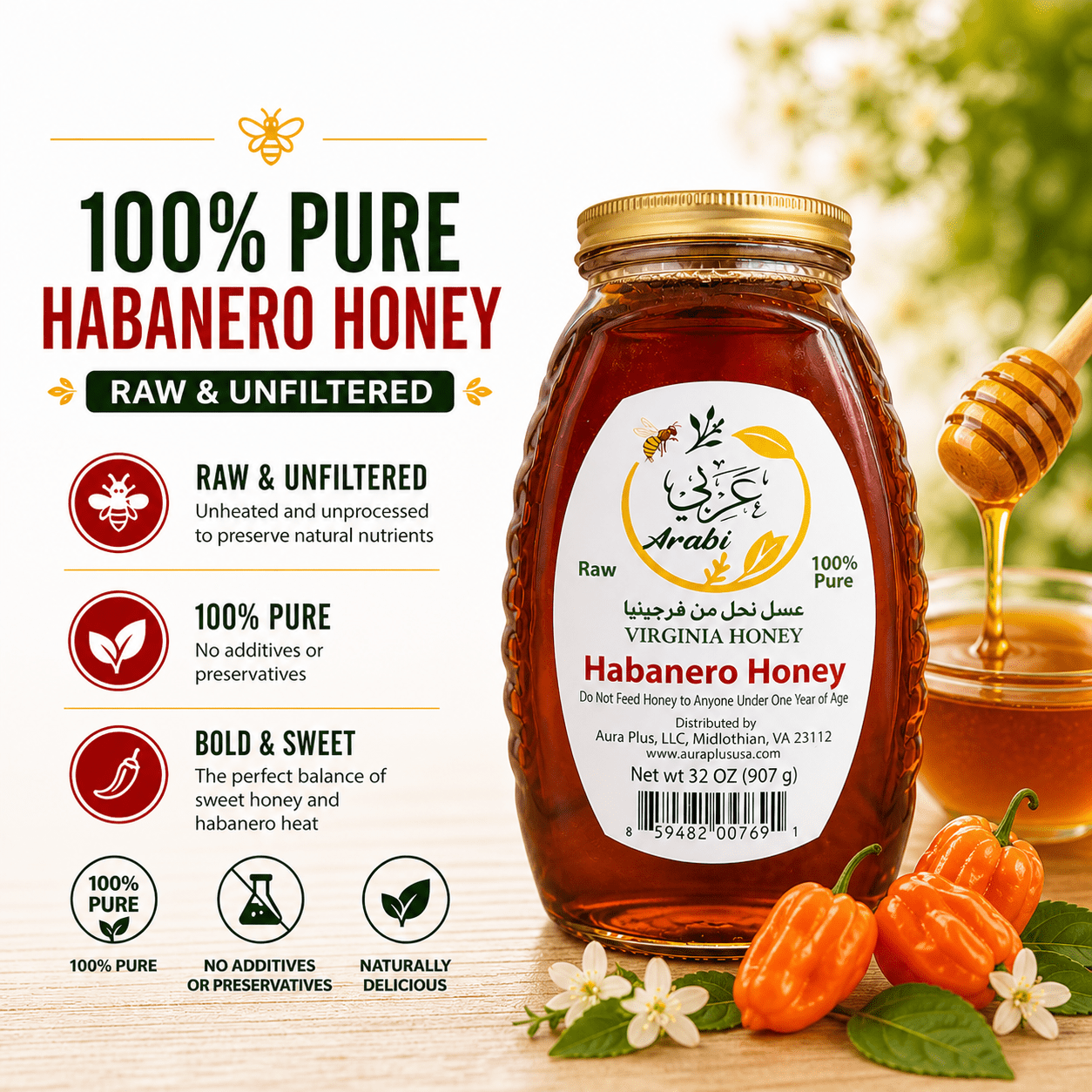 Arabi Raw Virginia Habanero Honey – 100% Pure Natural Honey with Habanero Peppers, 32 oz