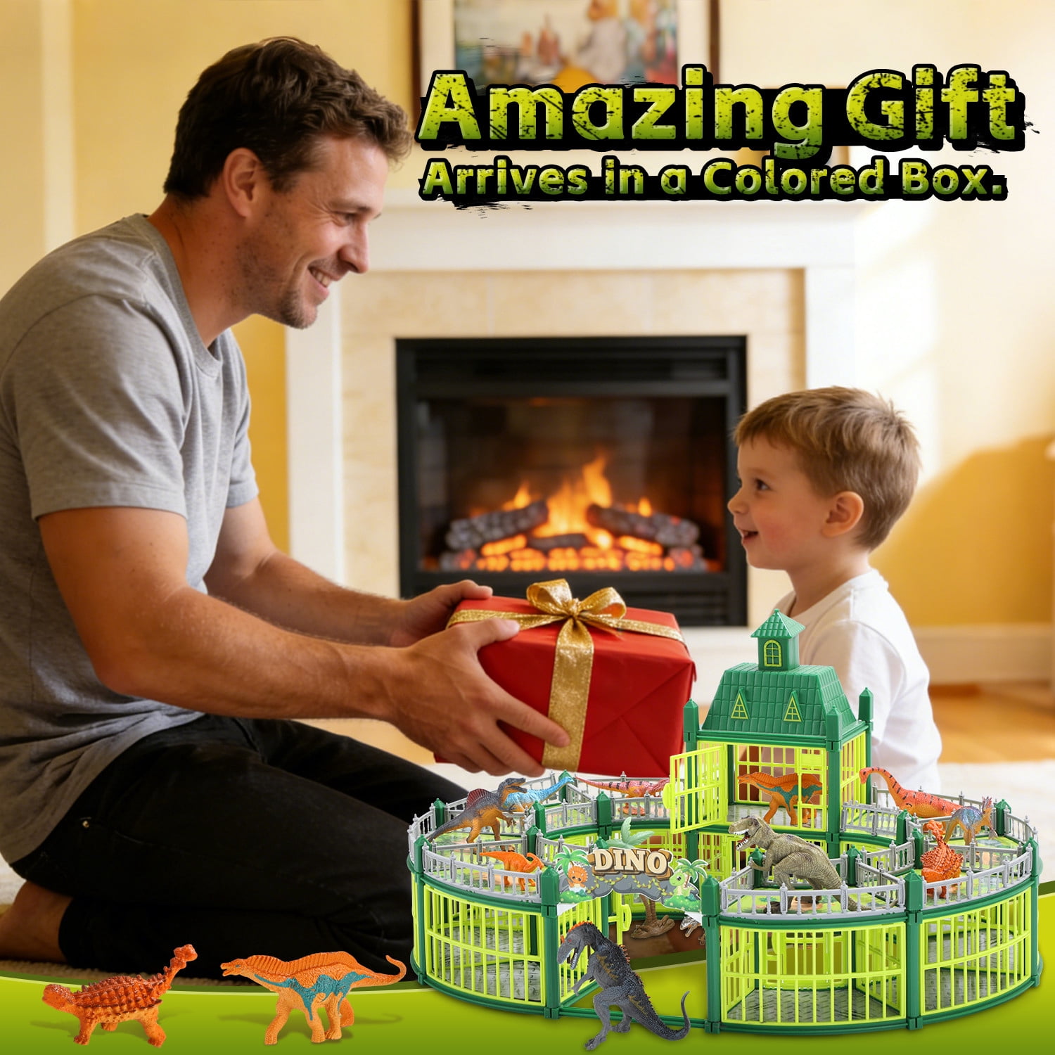JoyStone 215PCS Dinosaur Figures Playset with Lights & Music, Dinosaur Park Toy Set with Arena, 18 Dinosaurs & Trees, Green