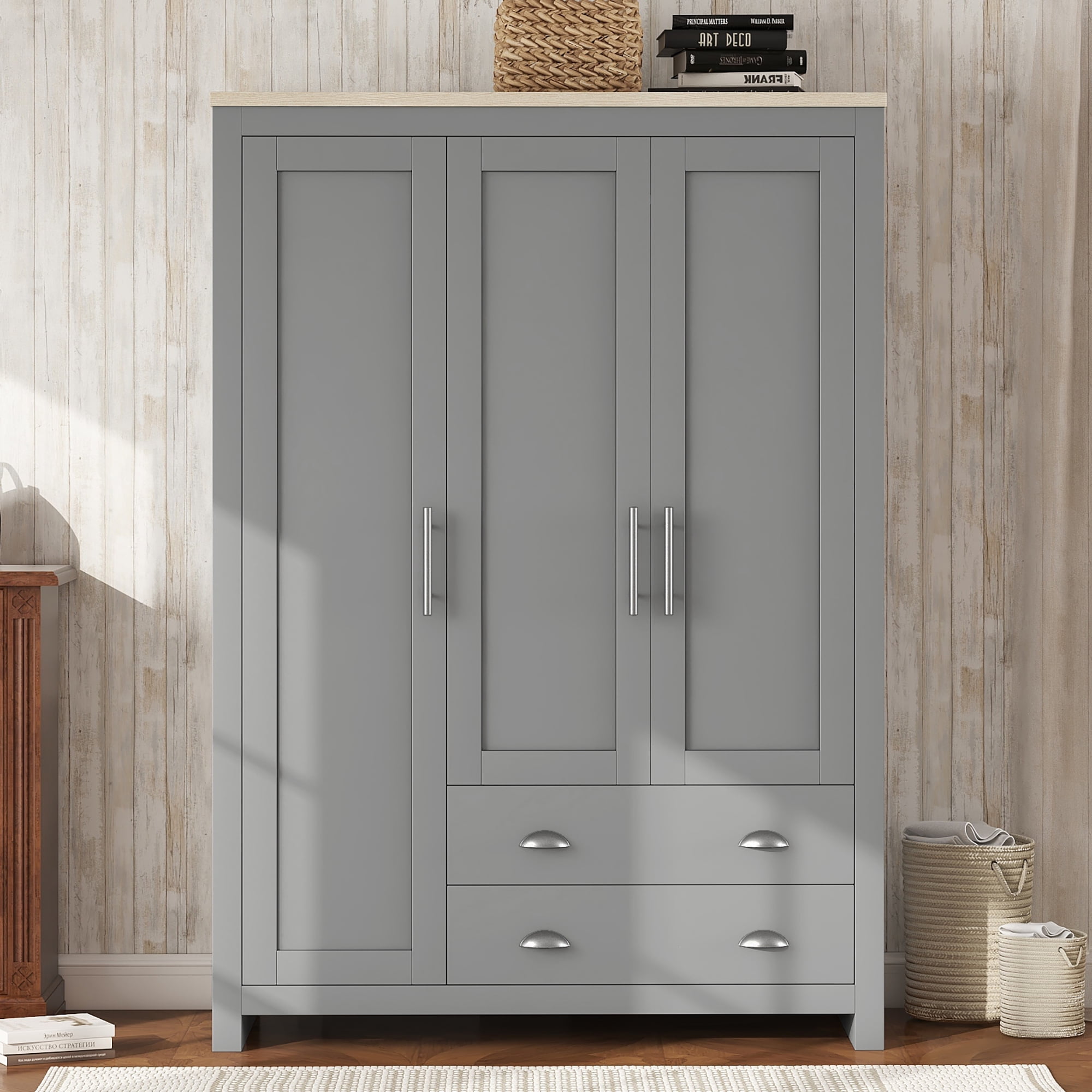 EUROCO 67.9” Modern Armoire Wardrobe, 3 Door Cabinet Storage Closet with Clothing Rods Adults, Gray