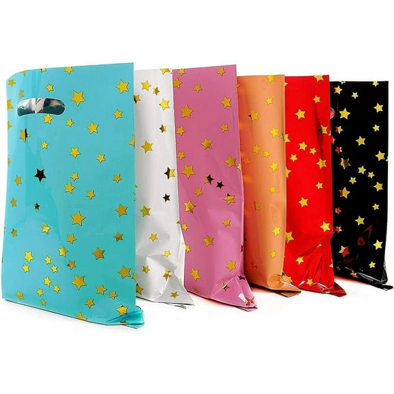 48 pieces of thicker gift bags with handles, plastic party candy bags with sparkling stars, suitable for all kinds of holiday parties