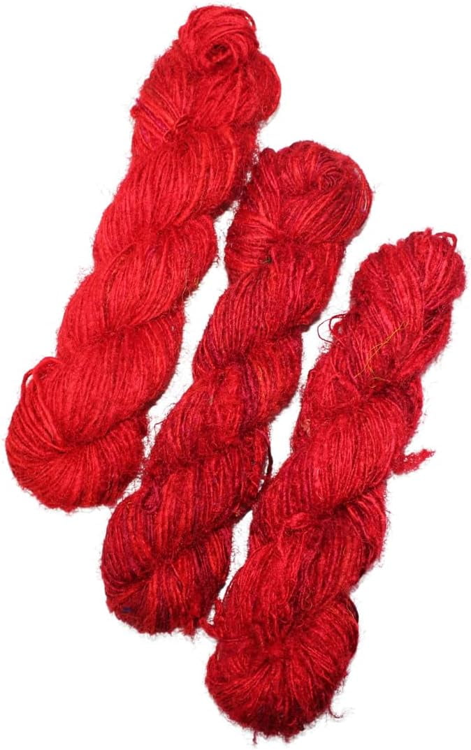 Knitsilk Premium Recycled Sari Silk Yarn - Red Shade 165 Yards, 100 gms | Good for Knitting, Crocheting and Jewelry Making(Pack of 5)