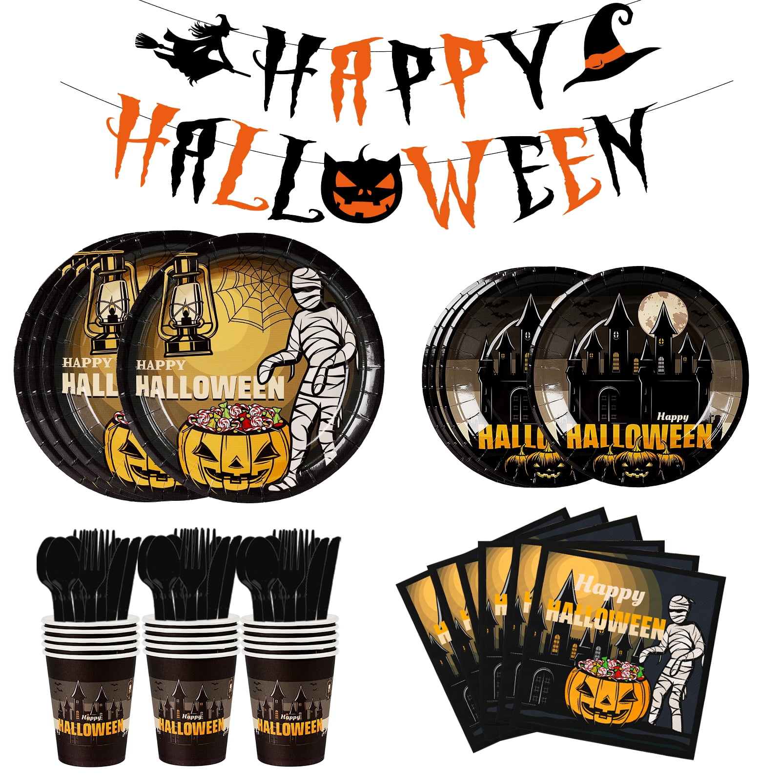 113 Pcs Halloween Party Supplies, 16 Guest Halloween Paper Plates and