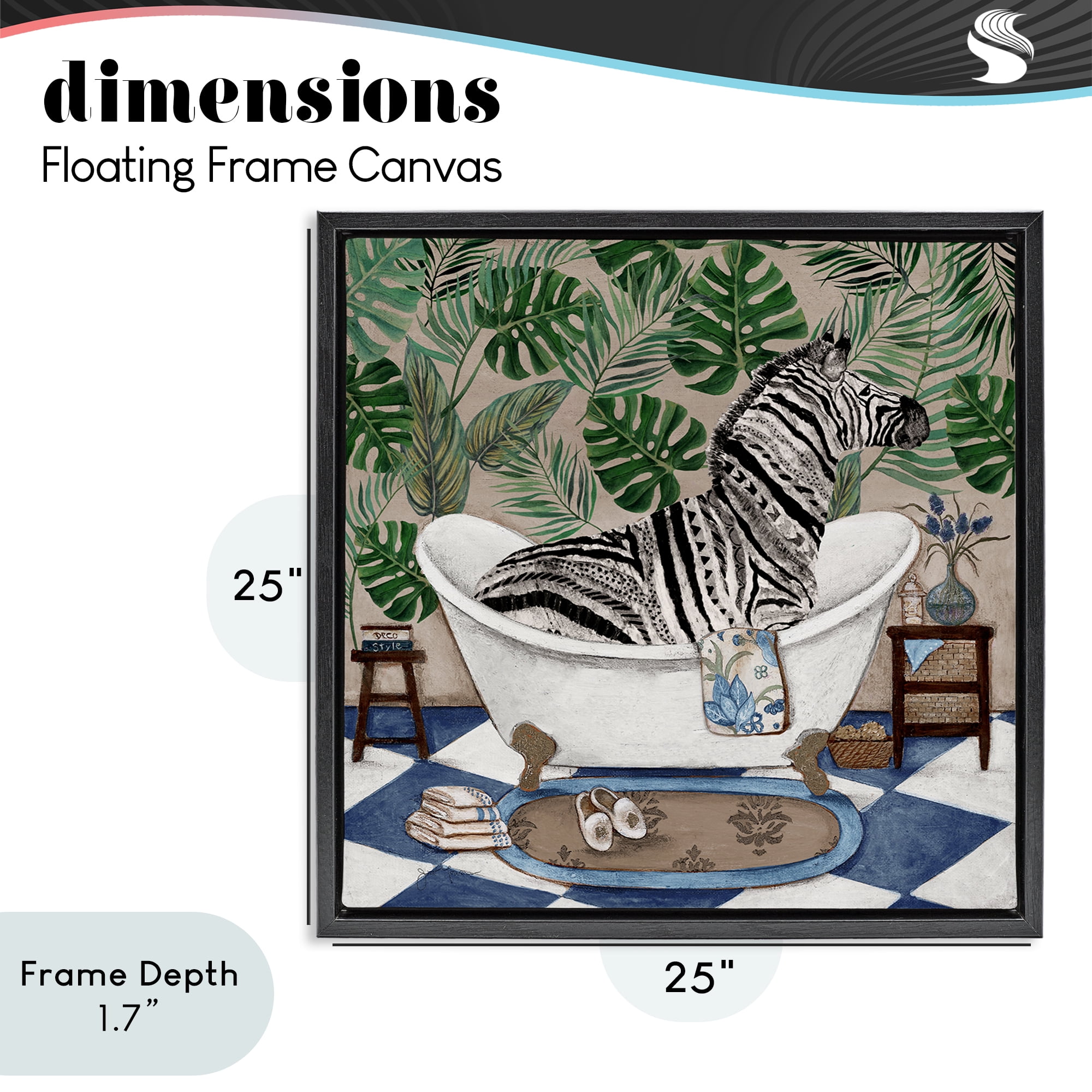 Stupell Industries Zebra in Tropical Bathtub Black Framed Floater Canvas Wall Art, design by Janet Tava