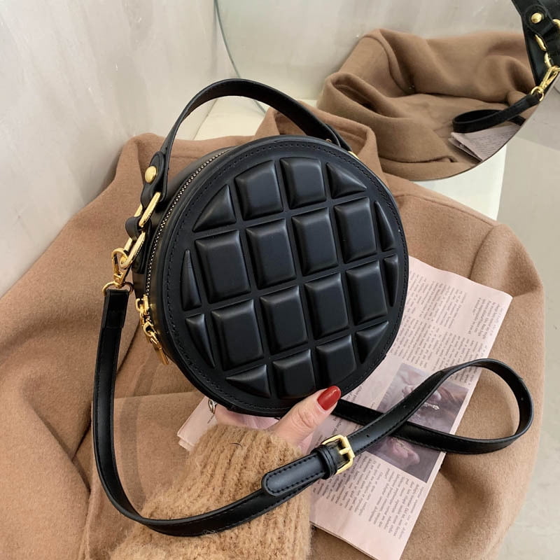 Baguery Quilted Round Crossbody Bag for Women - Faux Leather Compact Shoulder Purse (7.48×2.95×7.48in)