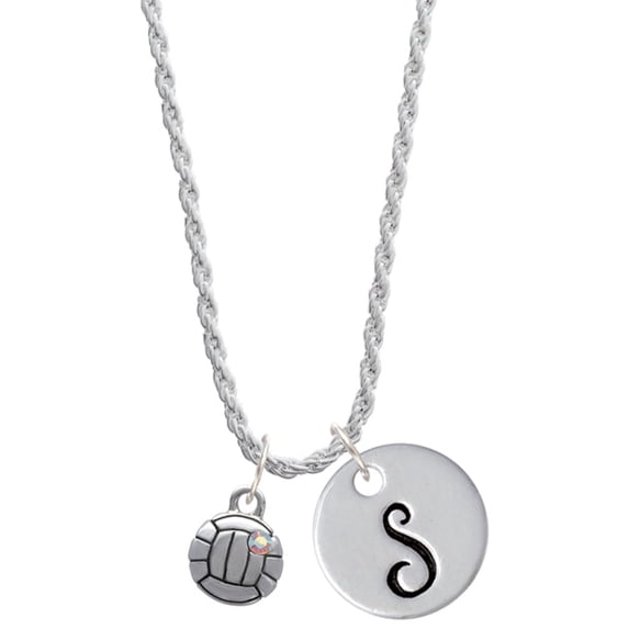 Delight Jewelry Silvertone Mini Volleyball/Water polo Silvertone Script Initial Disc - S - Charm Necklace, 20"+3"