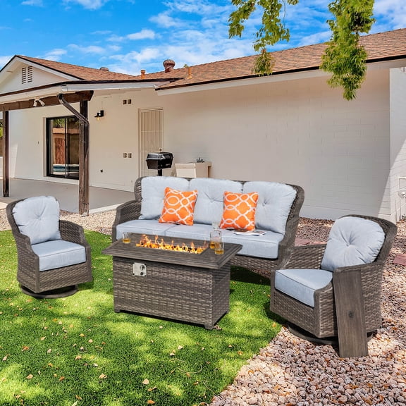 Nuu Garden Outdoor 4-Piece Fire Pit Table Sofa Set, 47 Inch 50,000 BTU Rectangle Propane Gas Fire Pit with Glass Beads, Aluminum Wicker Swivel Chairs with Cushions, Gray