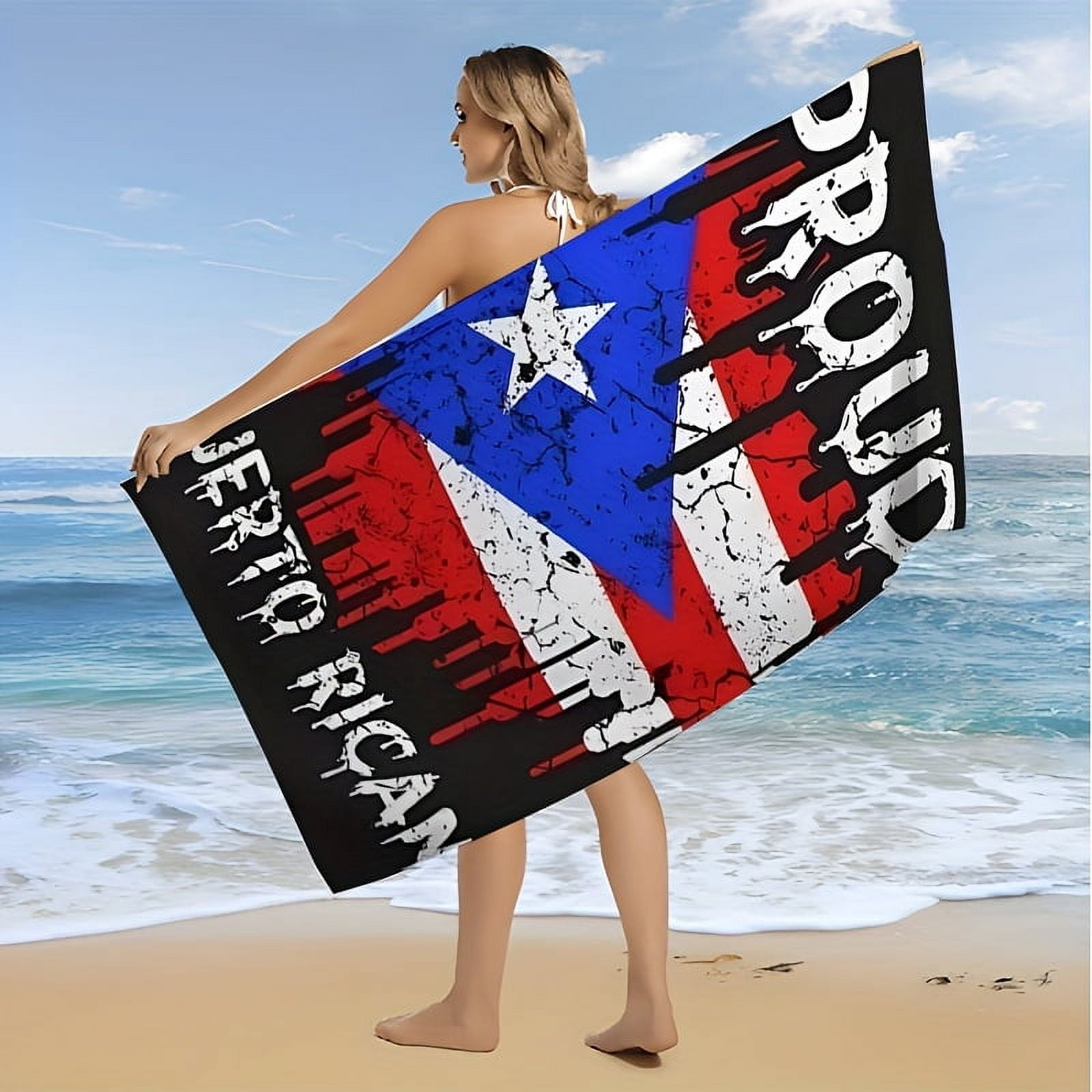 Puerto Rican Flag Beach Towel, Quick-Dry Polyester Blend, Modern Style, Super Absorbent, Machine Washable Knit Fabric, Oblong Shape, Ideal for Beach, Swimming, Outdoor Camping, Holiday Gift