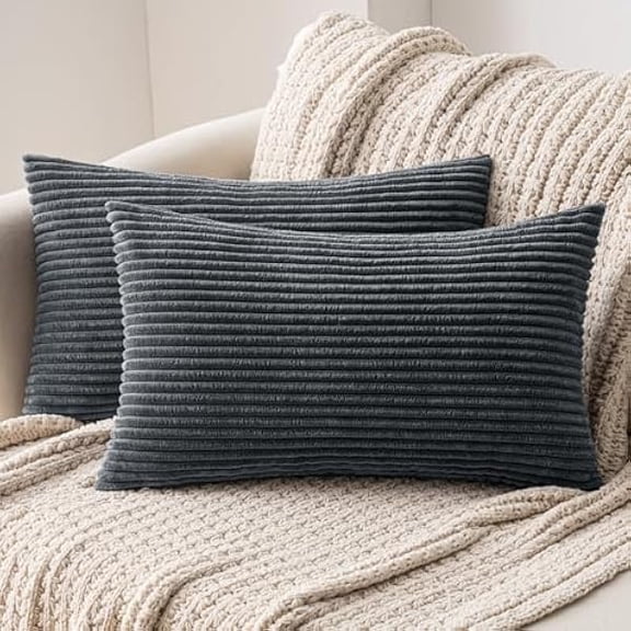 Eryueer Set of 2 Striped Corduroy Square Throw Pillow Case Soft Cushion Covers Sham Home for Sofa Couch/Bedroom Decorative Fluffy Large Pillowcases 16x24 Inch 40x60cm Dark Grey