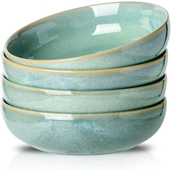 8.5 inch Large Pasta Bowls Set of 4, 46oz Big Salad Bowl Set of 4, Shallow Bowls, Dinner Bowls Set, Ceramic Bowls Set Microwave and Dishwasher Safe, Smooth glaze (Turquoise)