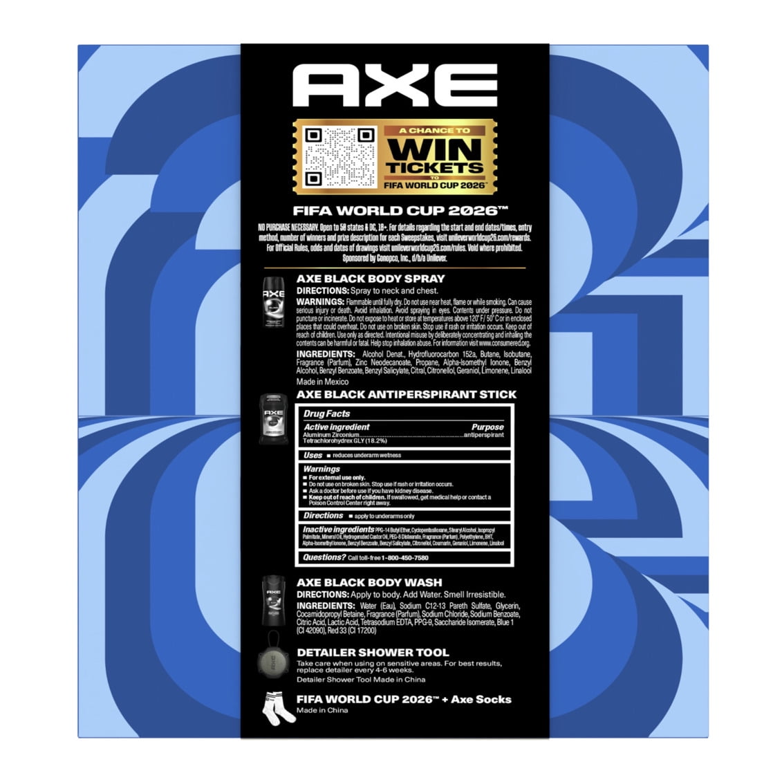 AXE Black Regimen x Fifa World Cup Body Care Gift Set with Body Wash, Deodorant Spray, Antiperspirant Stick & Shower Tool + Socks, 4 Count