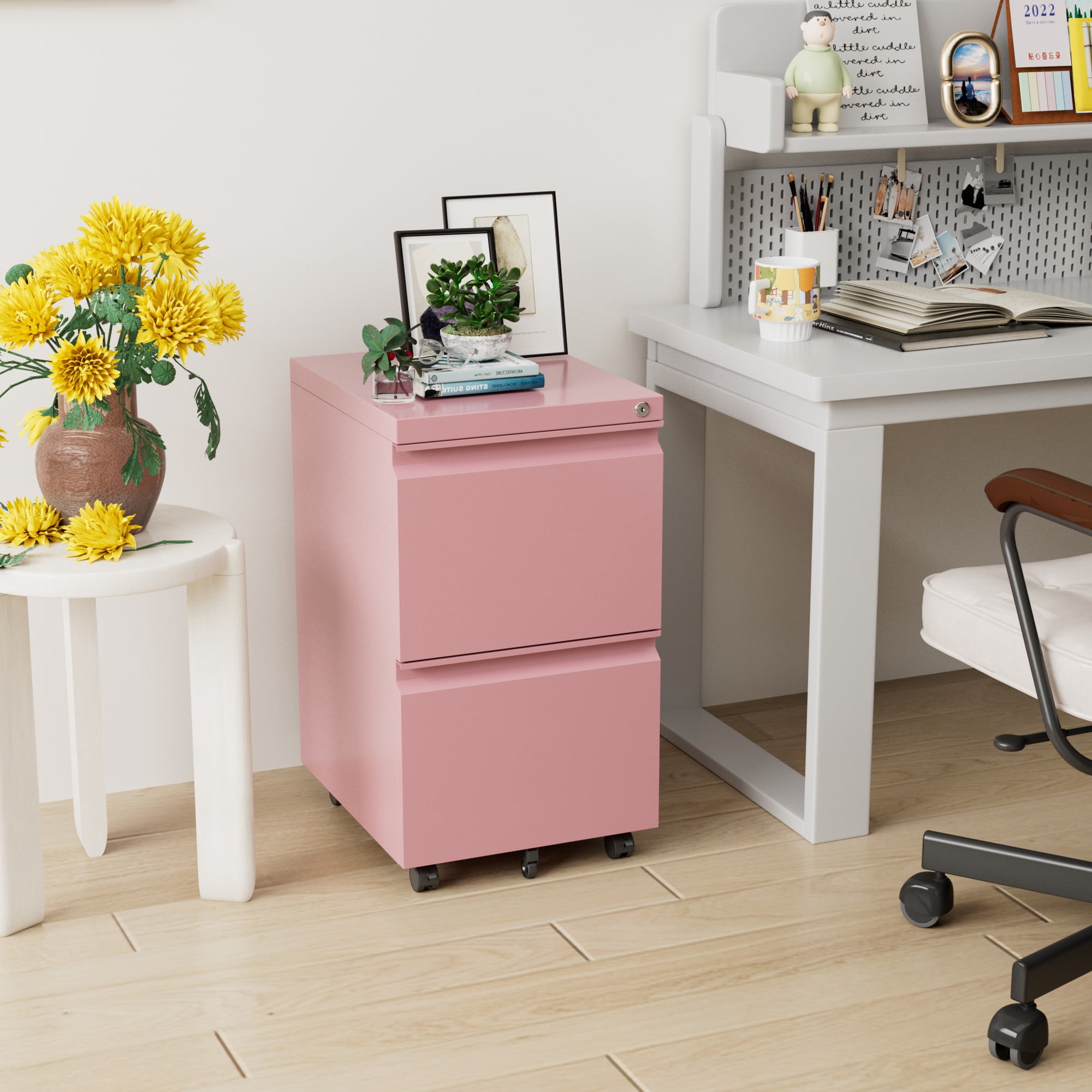 Gaeanet 2 Drawer Mobile File Cabinet, Lockable Metal Filing Cabinet with Wheels for Home Office, Legal/Letter Size,Pink,Fully Assembled Except Wheels