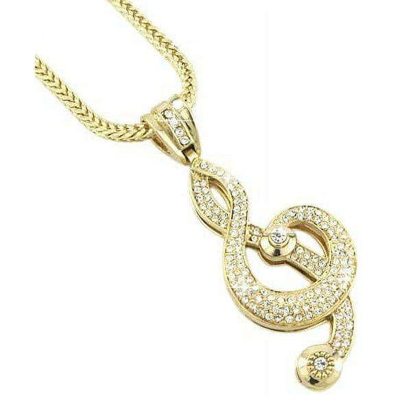 Hip-Hop Bling Gold Tone Music Note G-Clef Cross Pendant with 30" chain,