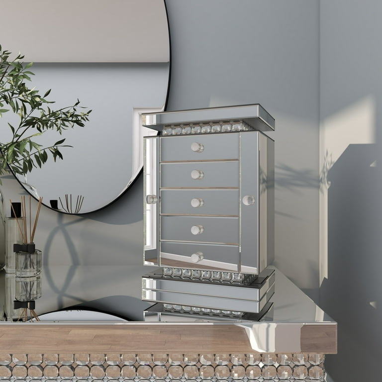 DecMode Mirrored Drawers Silver Wooden Decorative Jewelry Box