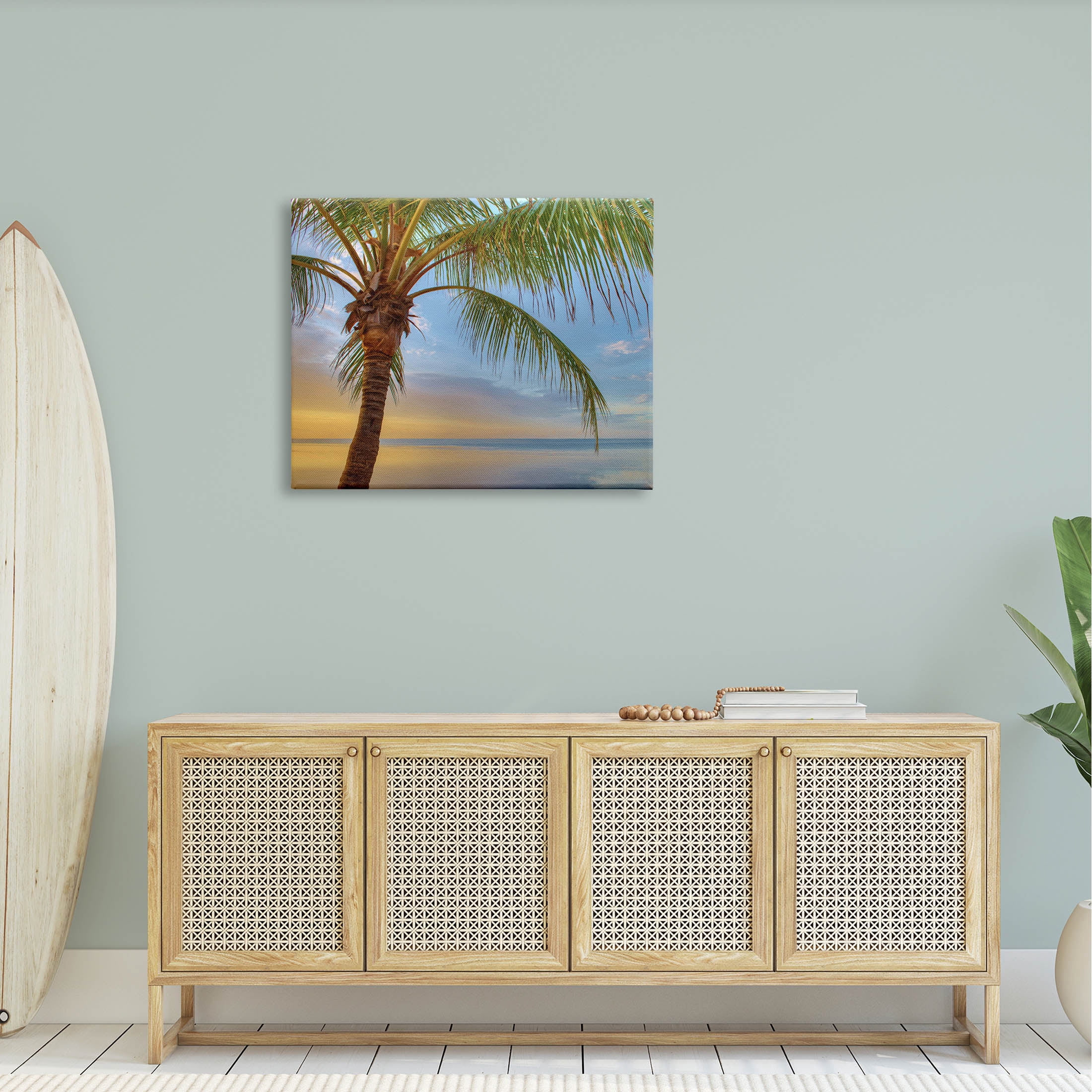 Sunrise Palm Tree Sky Reflection Coastal Photograph Gallery Wrapped Canvas Print Wall Art