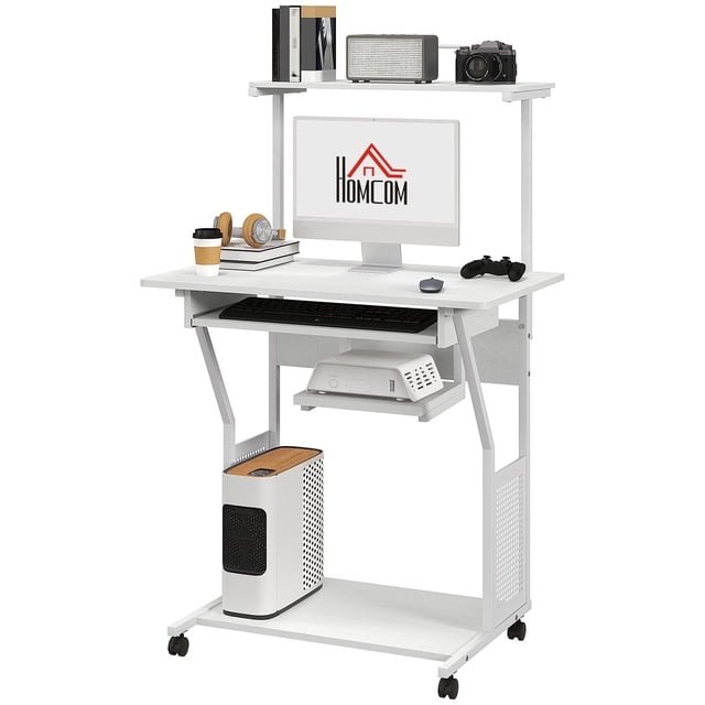 White Mobile Computer Desk with Keyboard Tray & Shelves - Rolling Study Table for Home Office, 31.5" x 19.7"