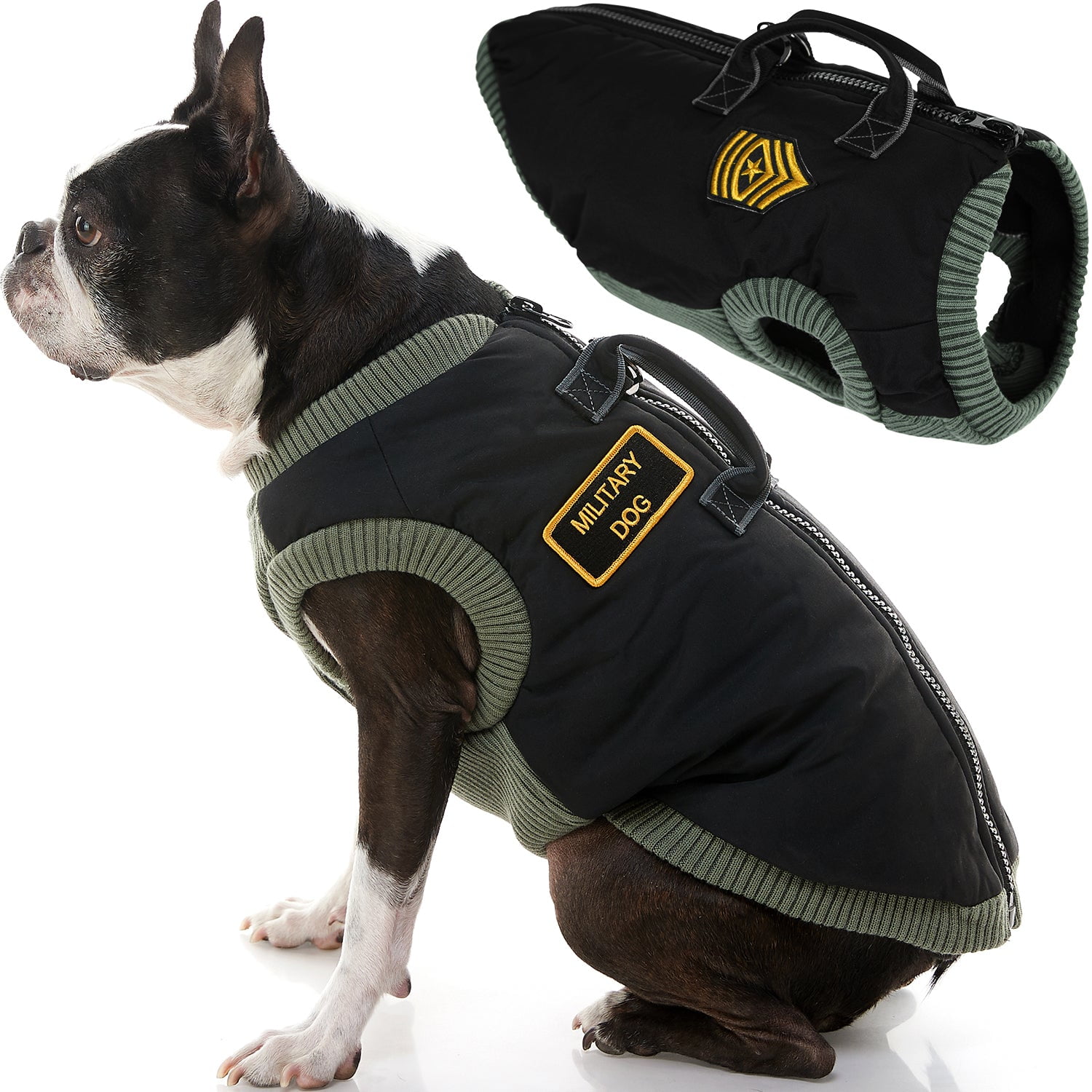 Chaleco militar para perros Gooby Negro Espana Medio Abrigo de chaqueta para perro con mango elevador y correa para anillo en D Cierre de cremallera y sueter elastico Sueter