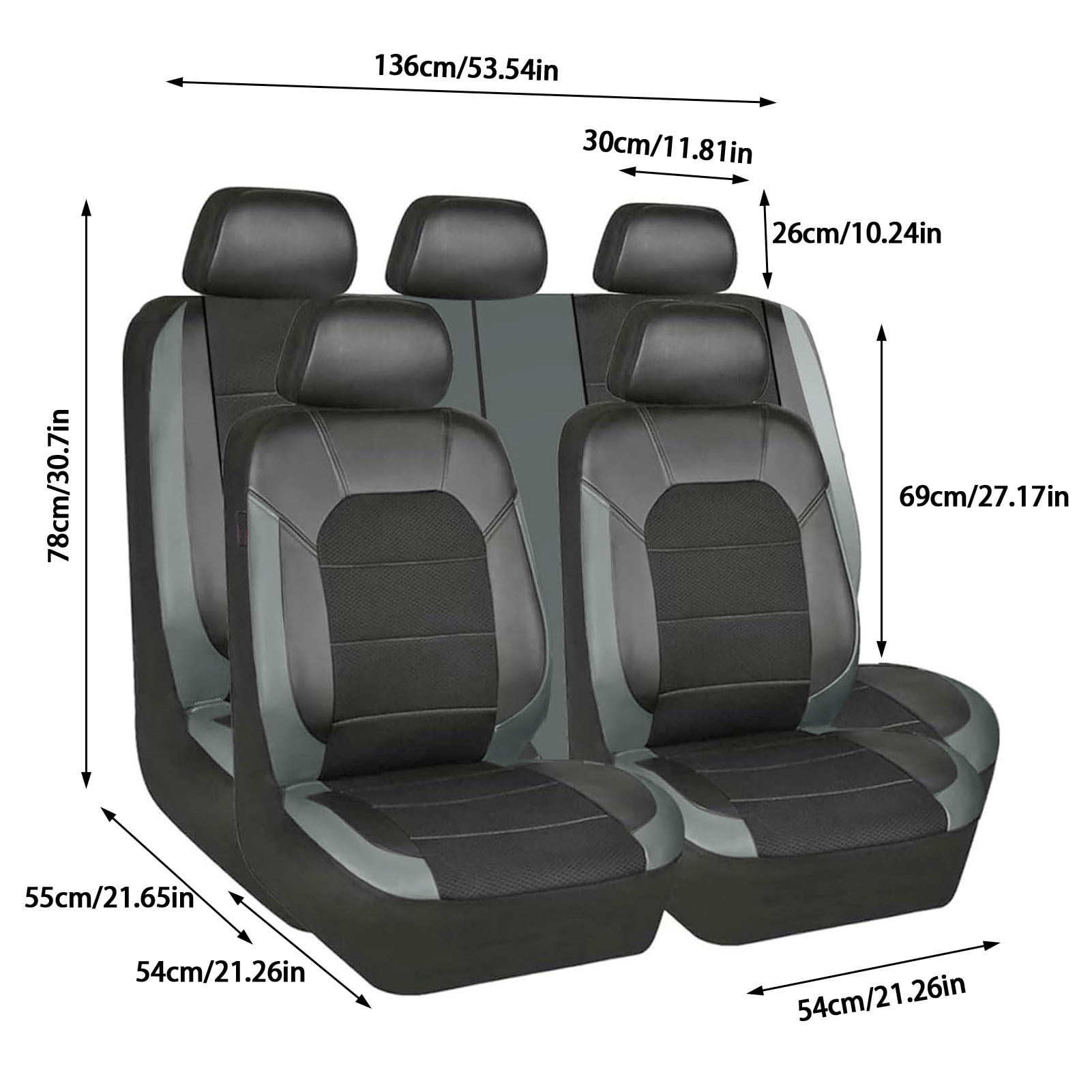5 Seats Car Seat Cover, Sponge + PVC Leather Universal Seat Cover,Split Bench Compatible,Universal Fit for Auto Trucks Van SUV,Gray