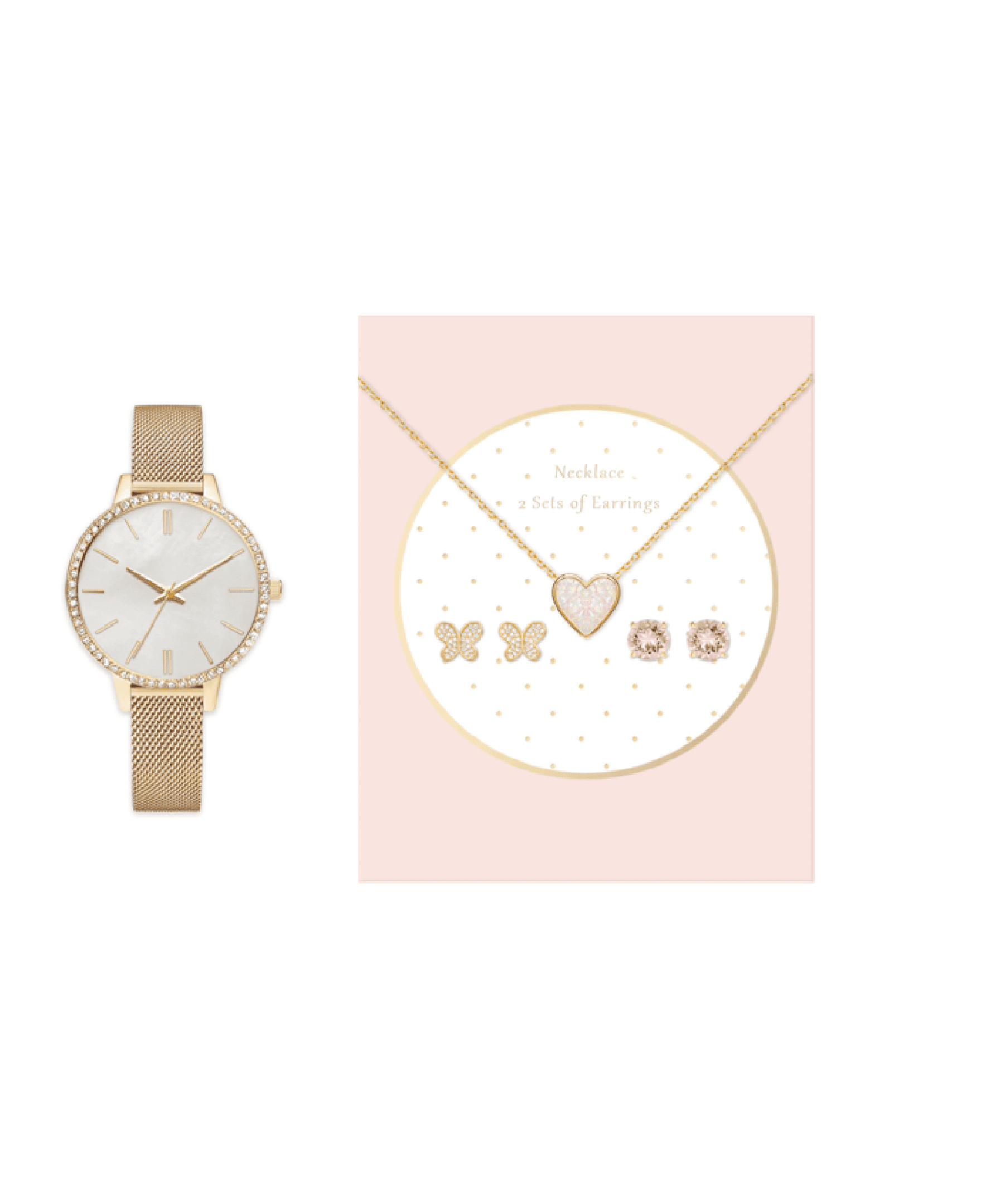 Jessica Carlye Women's Gold Tone Mesh Watch with Heart Charm Necklace & 2 Piece Stud Earrings