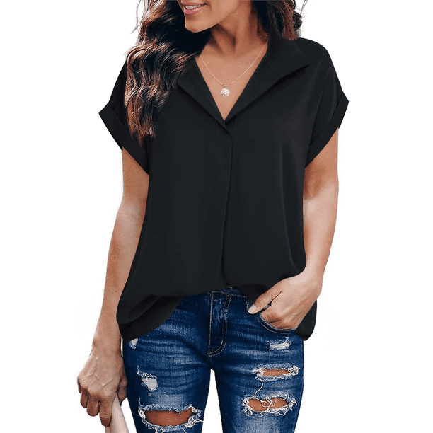 Blusa de Verano para Mujer, Corta, Elegante, Informal, con Cuello de Solapa, Color Liso, Color Color Sólido - Negro, Talla S