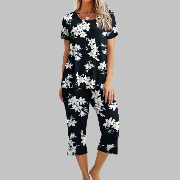 EQWLJWE Summer Saving!Womens Pajama Sets Capri,Summer Casual Pajama Sets for Women 2 Piece,Womens Pajamas Short Sleeve Sleepwear Tops and Capri Pants Pjs Floral Print Pajama Sets with Pockets