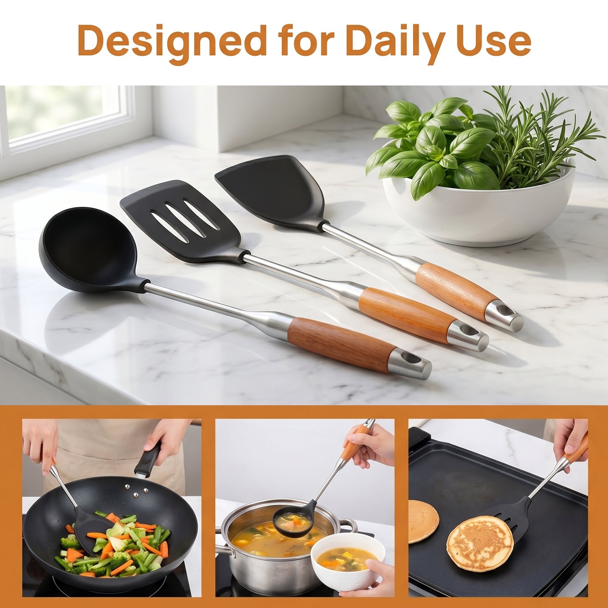 Unique Bargains Cooking Utensil Set, Stainless Steel Kitchen Utensils Black-Brown A 3pcs
