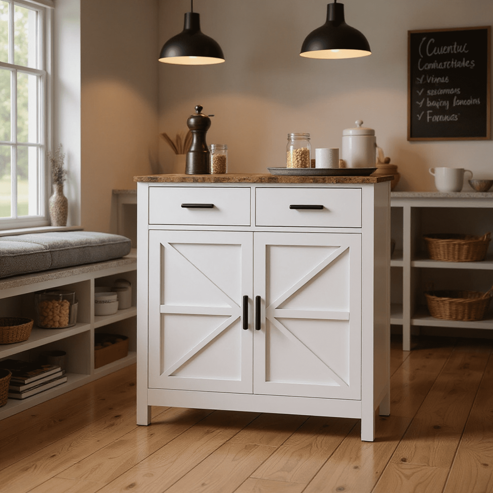 Homy Casa Farmhouse Storage Cabinet with 2 Drawers and Double Doors, Buffet Sideboard for Kitchen, White