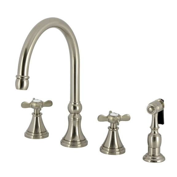 Kingston Brass KS2798BEXBS Essex Double-Handle 4-Hole Widespread Kitchen Faucet with Brass Sprayer in Brushed Nickel