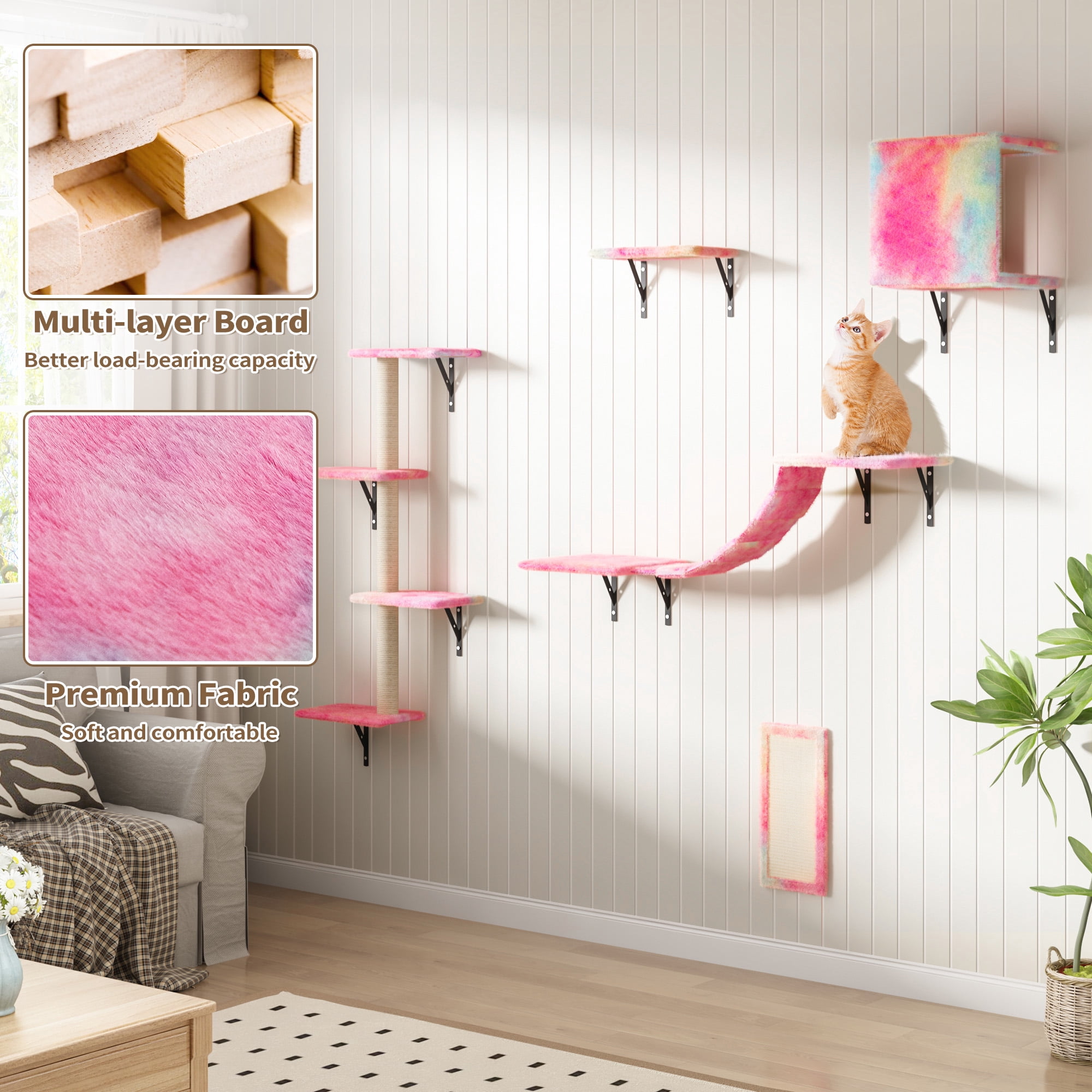 Coziwow 5 Pcs Wall Mounted Cat Tree Set W/ Cat Perch, Scratching Post, Cat Bridge, Cat Tree and Cat Hammock, Pink