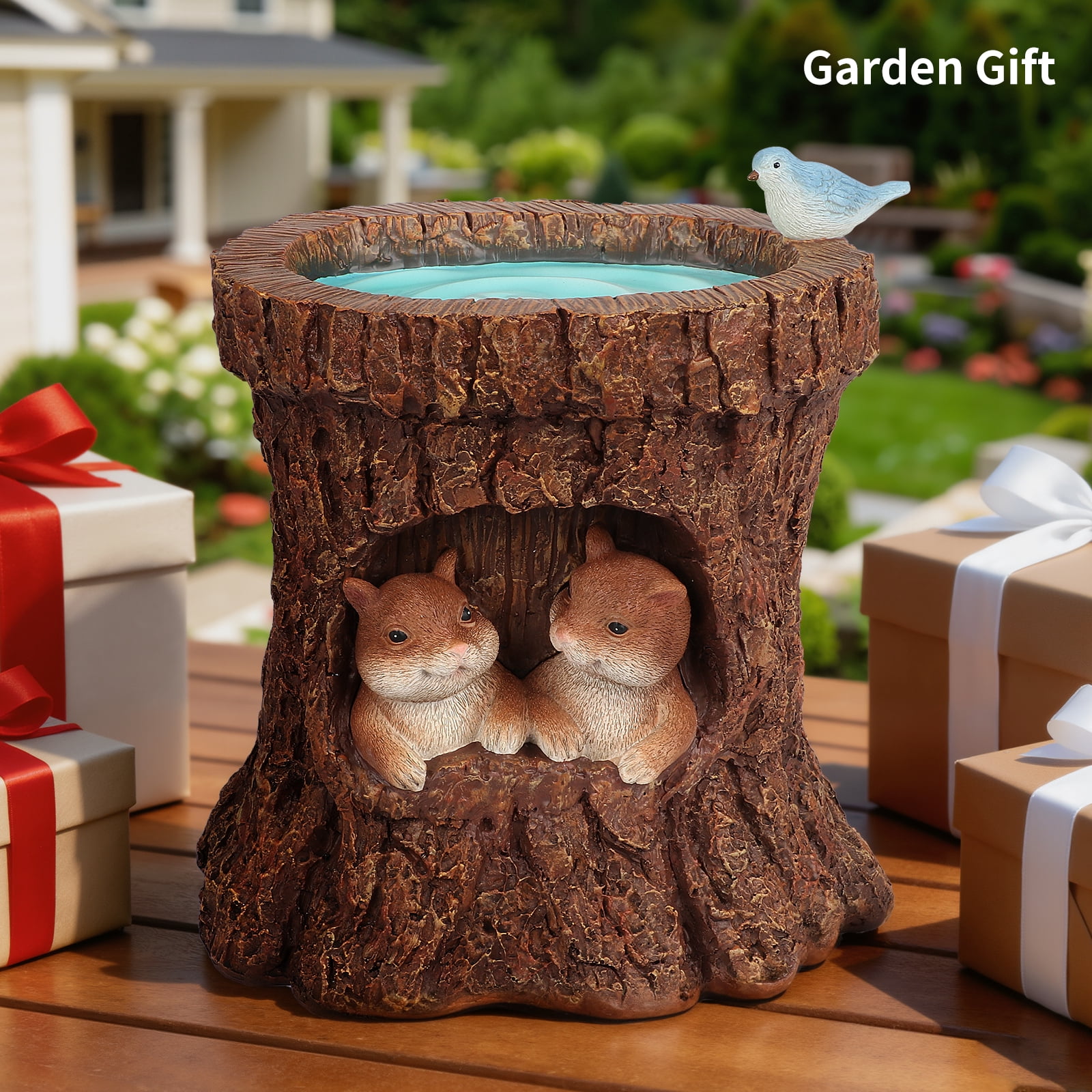 DAK Resin Solar Squirrel Garden Statue with Bird Feeder, LED Lighted Tree Stump Decor,  Waterproof  UV Resistance