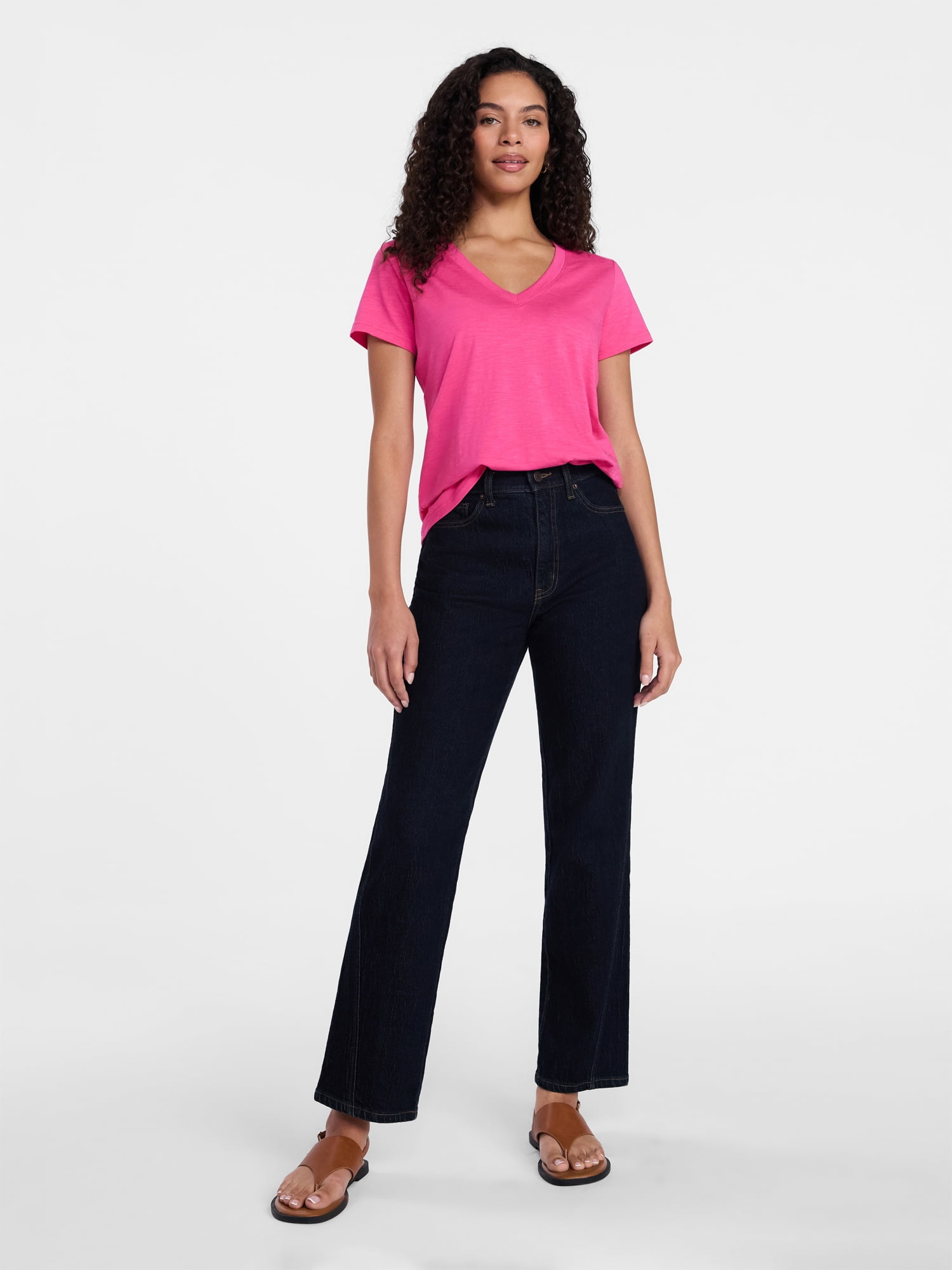 Time and Tru Women's Slub V Neck Tee with Short Sleeves, Sizes XS-XXXL