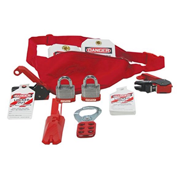 Accuform KSK115 STOPOUT Lockout/Tagout Pouch Kit, Includes the Most Important Electrical Lockout Products in a Contoured, Red Nylon Pouch, 11" Width x 5" Height x 3" Depth, with Front Zipper, Adjustab