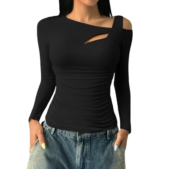 Women's Ribbed Long Sleeve Pullover Top with Asymmetric Neckline Stretchy Fitted Shirt for Layering Office Casual Outfits