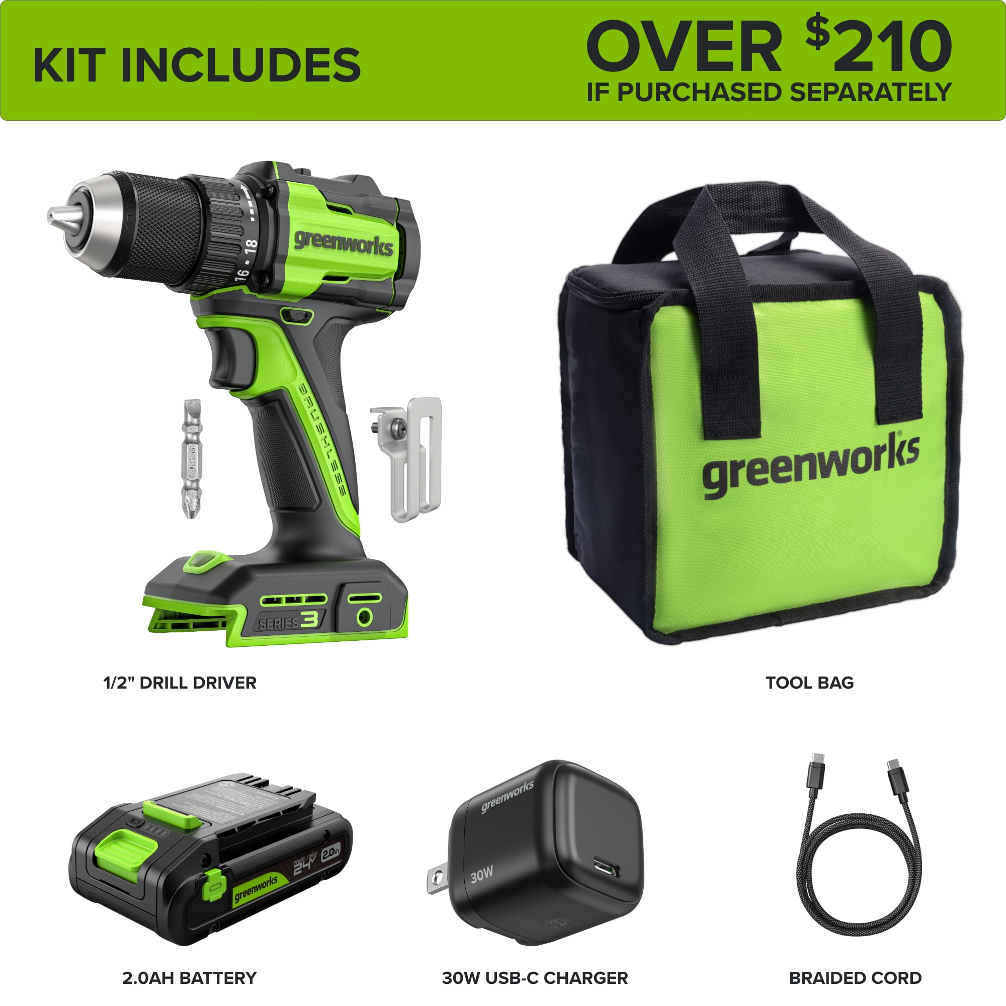 Greenworks 24V Cordless Brushless 400 in-lbs Drill/Driver, Lightweight, LED Work Light,18+1 Clutch, 2.0Ah USB-C Battery,12000mAh Power Bank,30W USB-C Charger and USB C to USB C Cable(3.3FT)