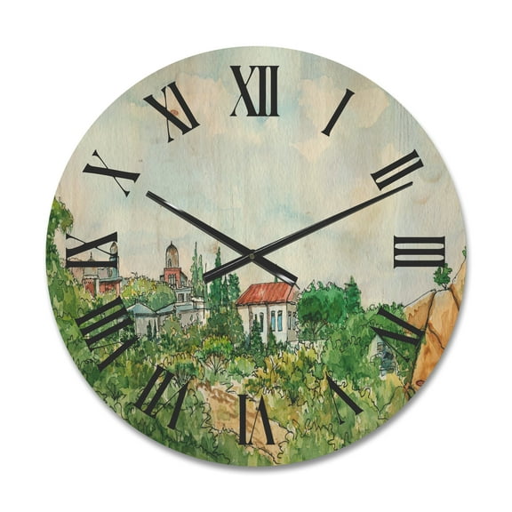 Designart 'White House With Red Roof In The Lush Green Countryside' Traditional Wood Wall Clock