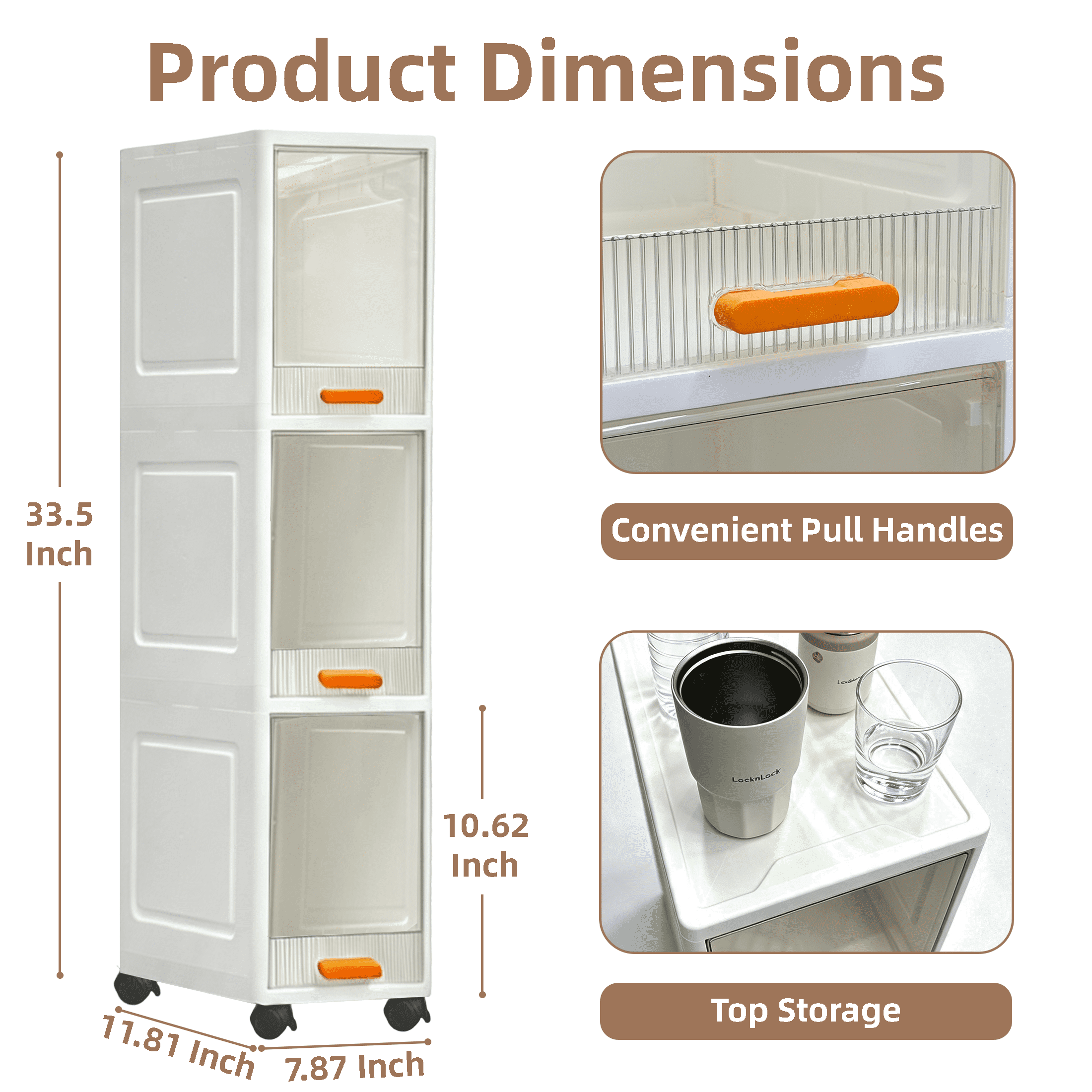 3 Tier Slim Rolling Storage Cabinet, Narrow Plastic Storage Organizer with Flip-Up Doors & Lockable Wheels, Freestanding Thin Storage Cart for Bathroom, Kitchen, Gap Between Refrigerator