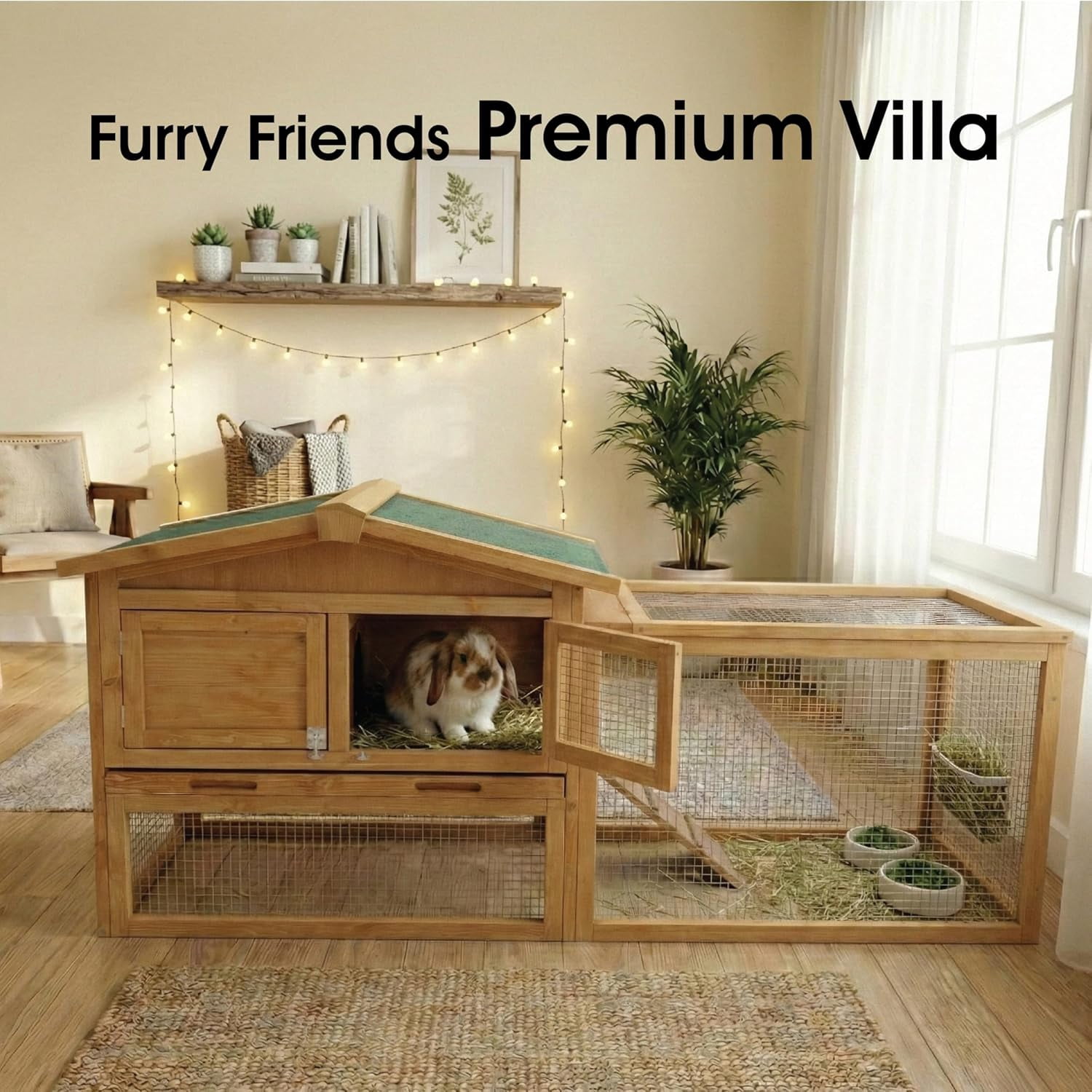 2-Story Rabbit Hutch  Indoor and Outdoor,Weatherproof Bunny Cage with Anti-Chew Metal Frame Ramp&Pull-Out No-Leak Trays for Small Animals