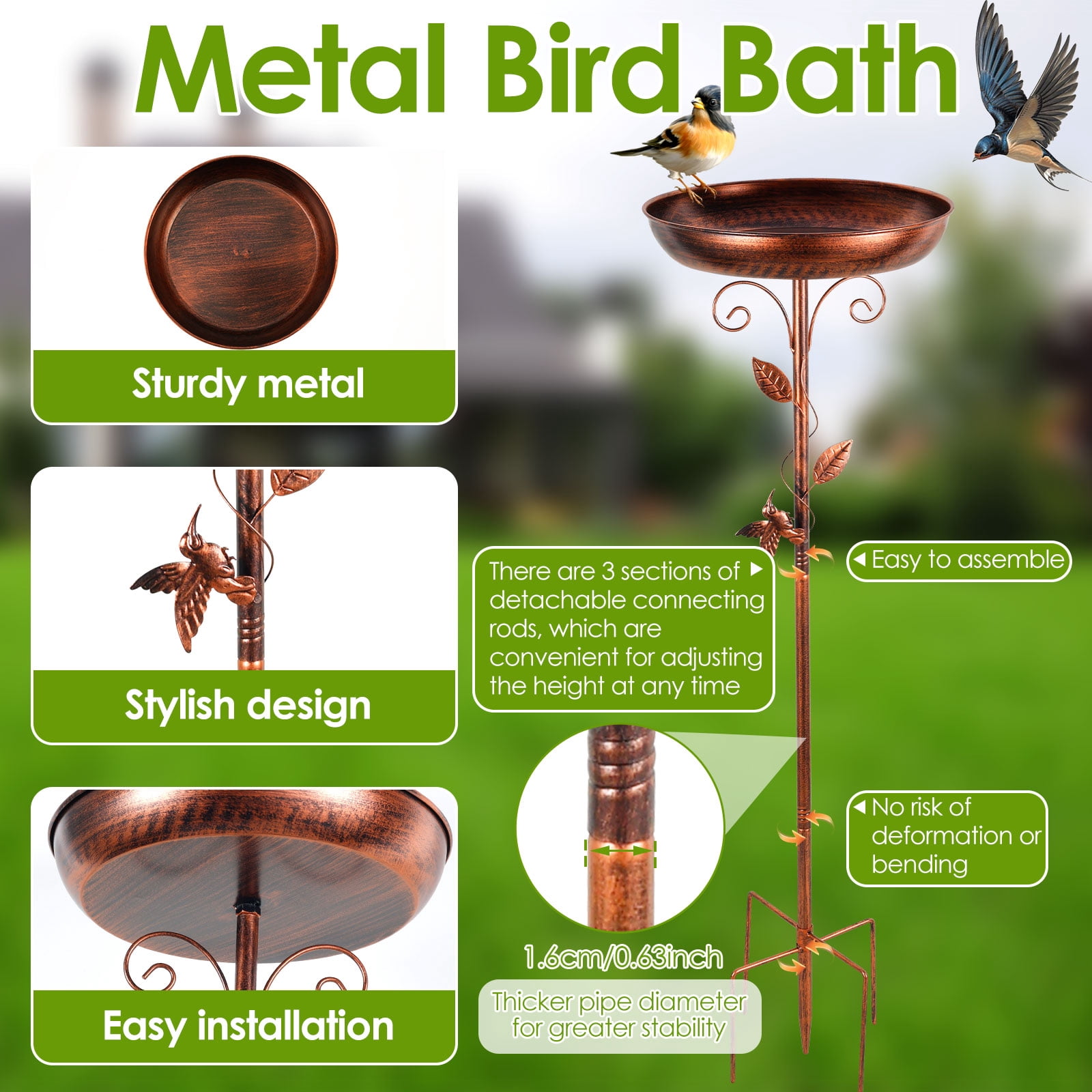 Xiyztok Bird Bath 39 Inches Sturdy Iron Garden Birdbath for Outside Vintage Standing Bird Bath Bowl for Outdoor Garden Patio Yard Lawn（Pipe diameter 0.63 inch）