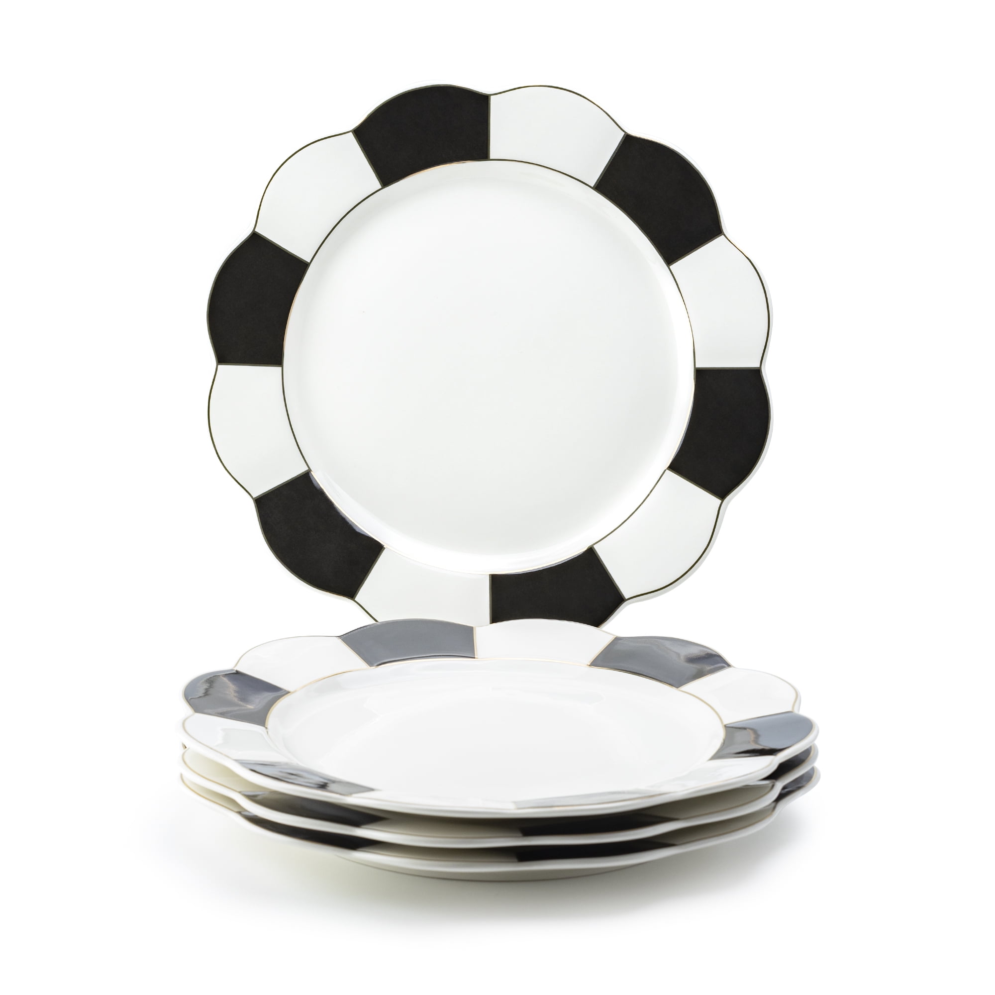 Grace Teaware 11" Black and White Scallop Fine Porcelain Dinner Plate Set of 4