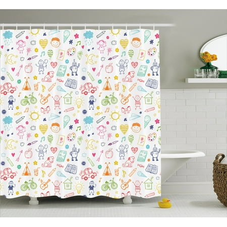 Doodle Shower Curtain, Childlike Drawing of Children Sun Ethnic Tent Various Other Child Friendly Things, Fabric Bathroom Set with Hooks, 69W X 70L Inches, Multicolor, by Ambesonne