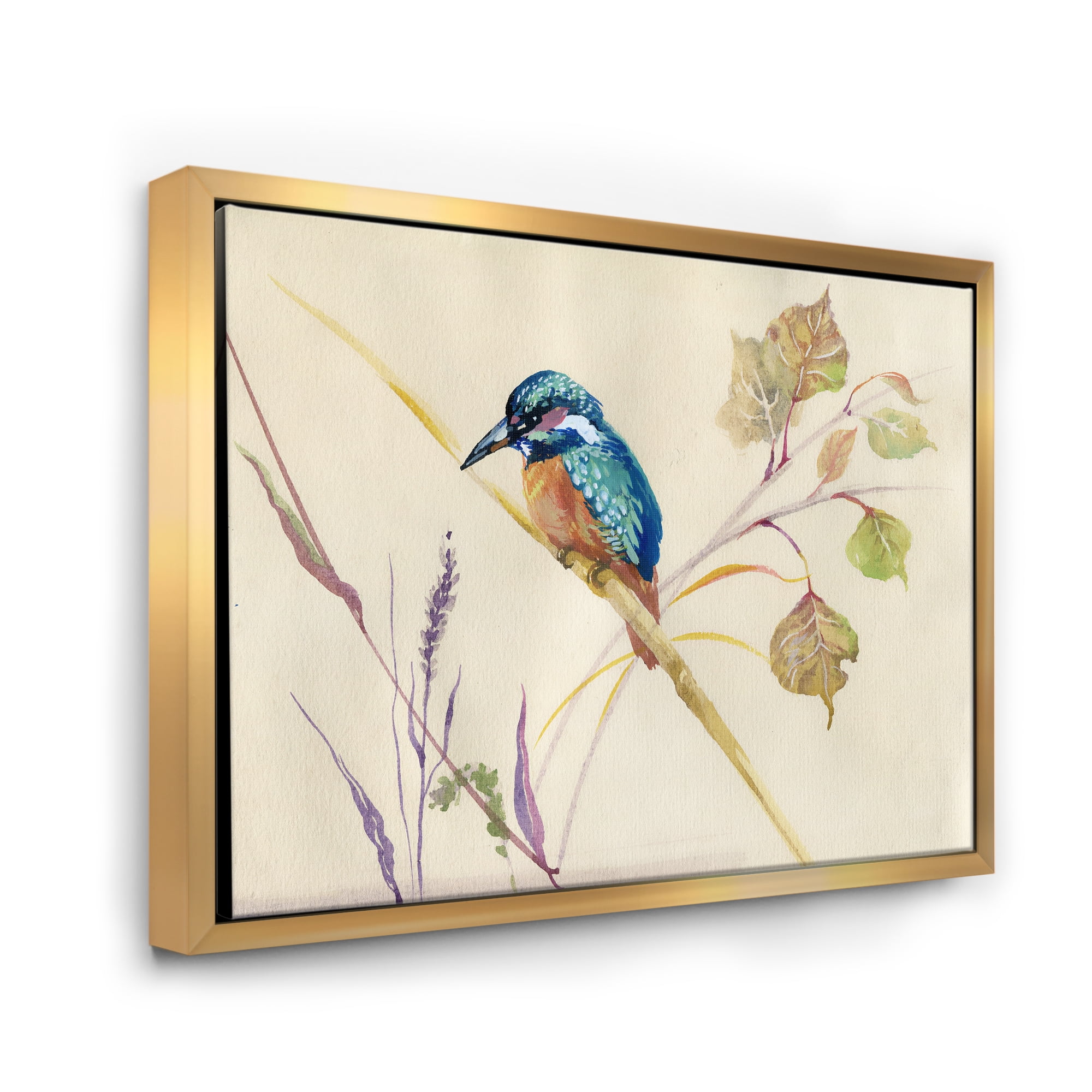 Designart 'Common Kingfisher Bird On Branch' Traditional Framed Canvas Wall Art Print