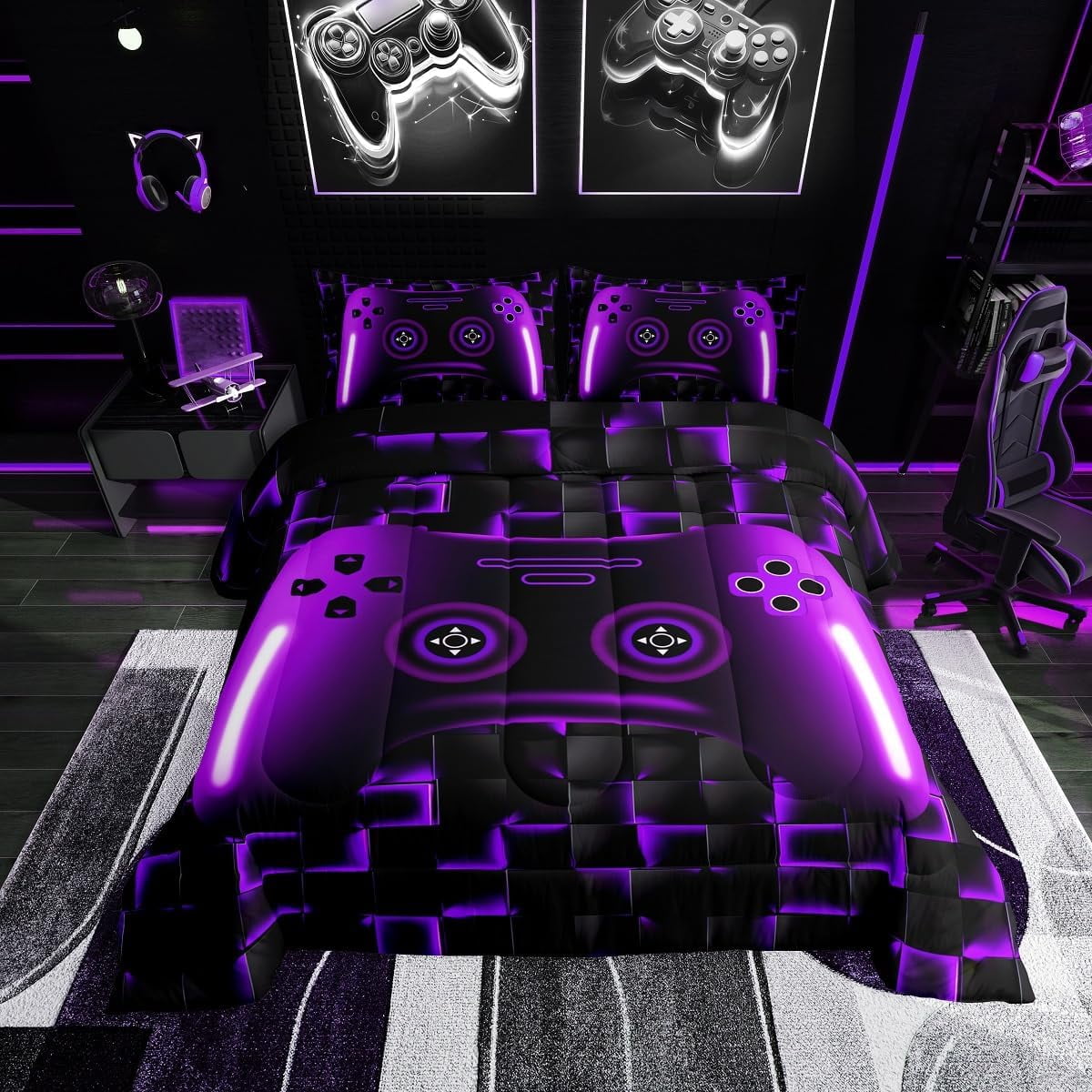 Gaming Full Size Bedding Sets Teen Game Controller Comforter Set 3Pcs Gamer Bedding For All Season,Purple And Black Geometric Checkered Quilt Set For Young Men,Soft Lightweight
