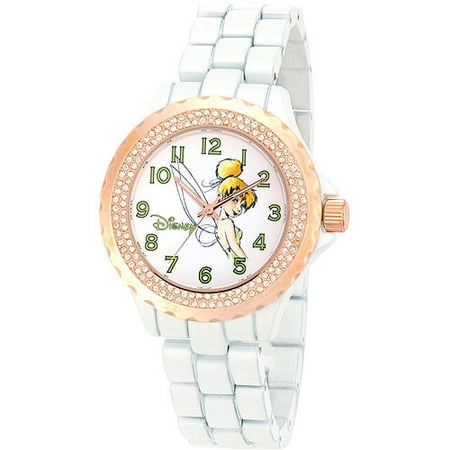 Disney Tinker Bell Women's Enamel Sparkle Rose Gold Case Watch, White Bracelet