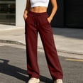 thumbnail image 6 of LEAVINGSUO Wide Leg Sweatpants for Women Drawstring Elastic Waist Side Flap Pocket Work Pants Straight cut Casual Trousers Wine XL, 6 of 9