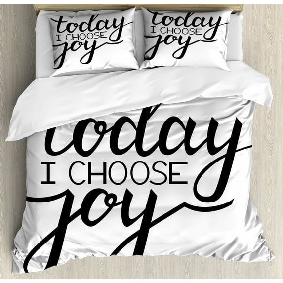 Choose Joy Duvet Cover Set King Size, Wise and Encouraging Happy Text on a Plain Background Monochrome, Decorative 3 Piece Bedding Set with 2 Pillow Shams, Charcoal Grey and White, by Ambesonne