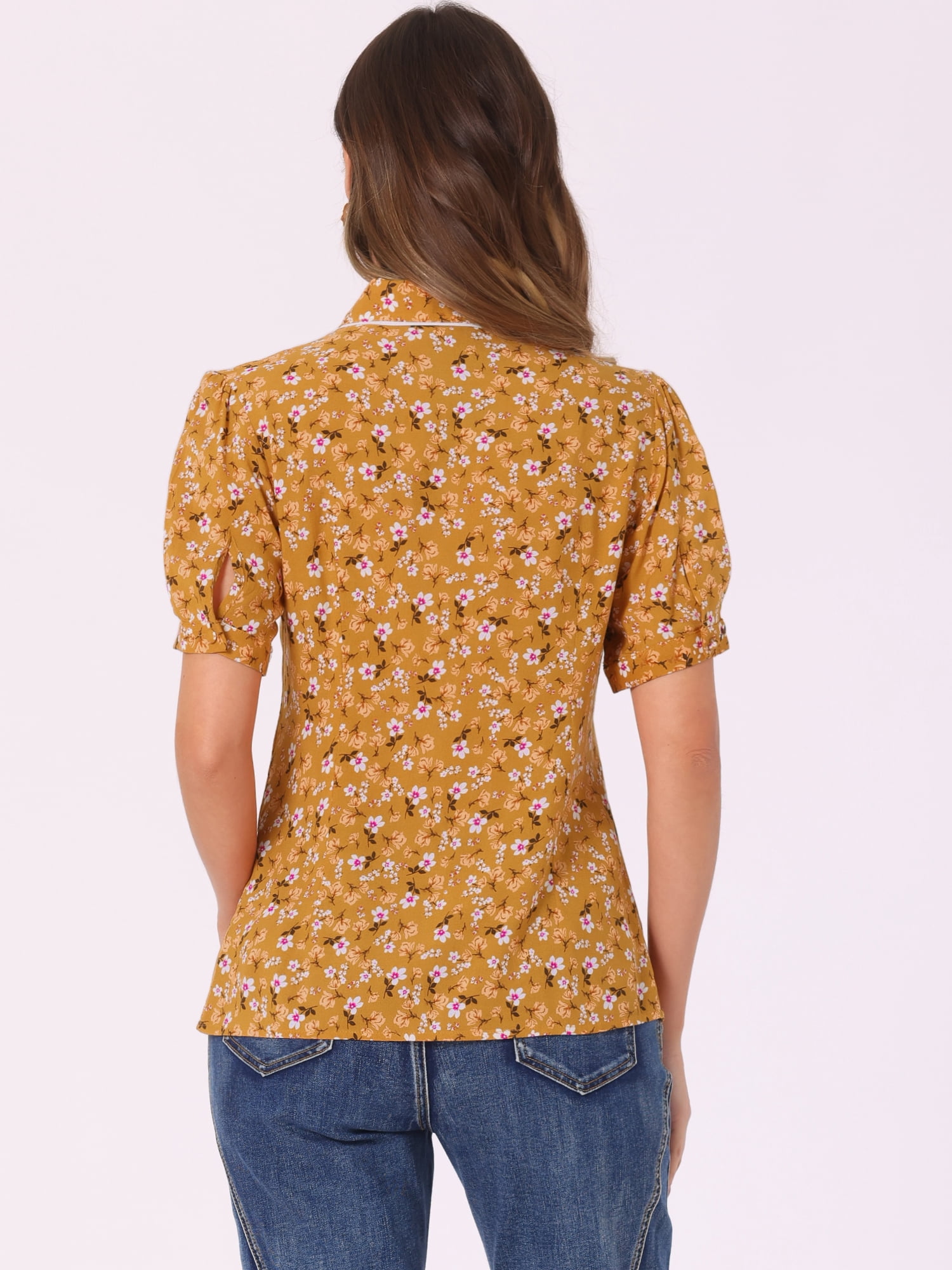DARING DIVA Women's Peter Pan Collar Puff Sleeve Peasant Blouses M Yellow