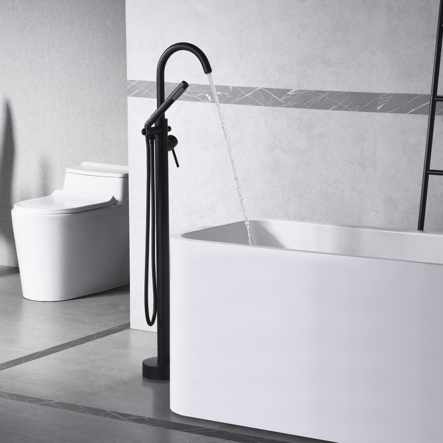 sumerain Freestanding Bathtub Faucet Matte Black Floor Mounted Tub Filler with Handheld Shower, High Flow Rate
